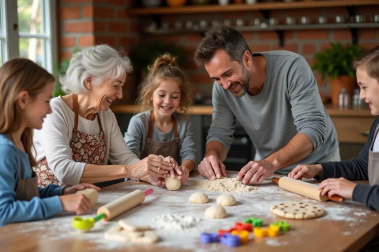 Famille multigénérationnelle qui prépare des biscuits ensemble dans une cuisine chaleureuse et authentique