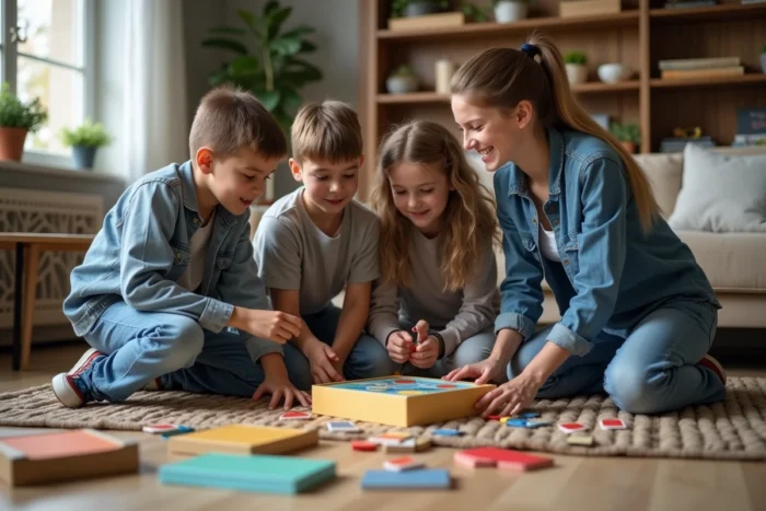 Mère et ses enfants adultes jouant à des jeux de société sur le sol du salon en famille