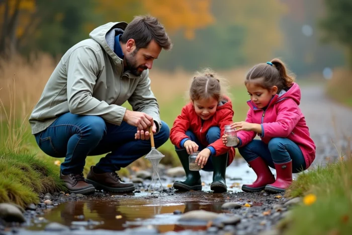 Père et ses enfants explorant la nature au bord d'un ruisseau dans un parc en automne