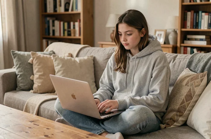 Adolescente de 16 ans regardant un film en streaming sur un ordinateur portable dans un salon confortable