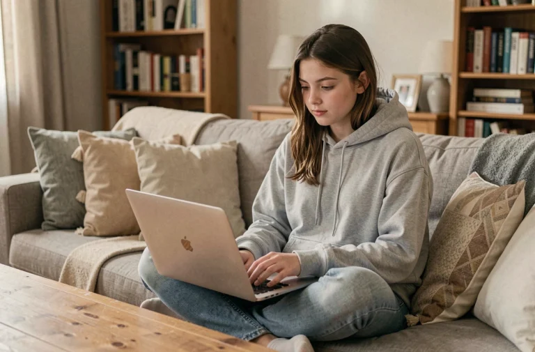 Adolescente de 16 ans regardant un film en streaming sur un ordinateur portable dans un salon confortable