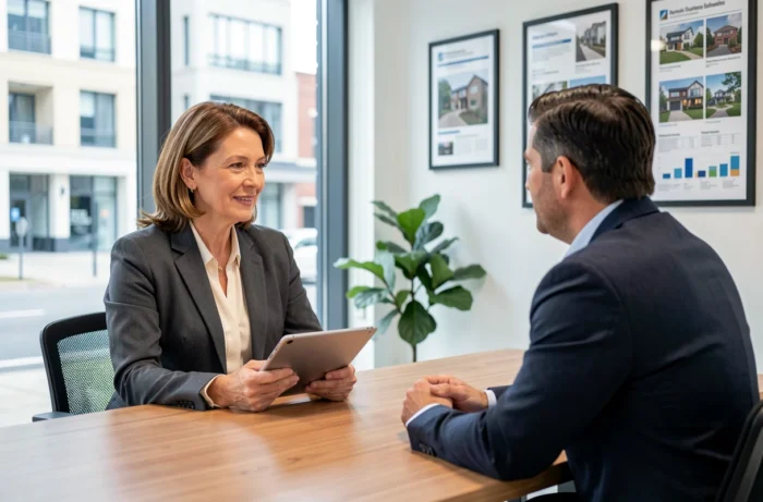 Agent immobilier conseillant un client dans une agence immobilière moderne