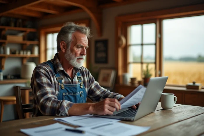 Agriculteur d'âge mûr consultant des documents bancaires et un ordinateur portable à la table de sa ferme pour choisir le meilleur financement agricole