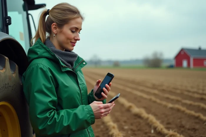 Agricultrice en plein champ consultant une application bancaire sur son téléphone portable pour gérer le financement de son exploitation