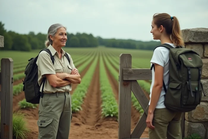 Agricultrice discutant avec une randonneuse à l'entrée d'un terrain cultivé en France