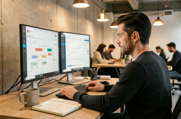 Professionnel analysant un entonnoir de vente B2B et un tableau de bord CRM dans un espace de coworking moderne
