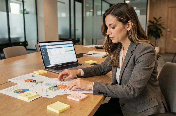 Professionnelle en marketing analysant des données de prospects sur des documents imprimés dans un bureau moderne
