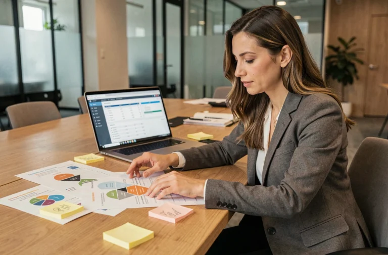 Professionnelle en marketing analysant des données de prospects sur des documents imprimés dans un bureau moderne