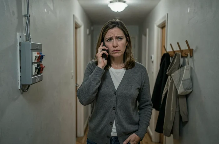 Femme appelant un électricien d'urgence par téléphone dans un couloir d'appartement avec un disjoncteur déclenché visible