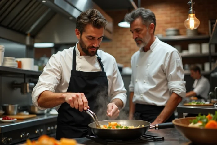 Apprenti cuisinier adulte en alternance travaillant en conditions réelles dans un restaurant parisien sous la supervision d'un chef professionnel