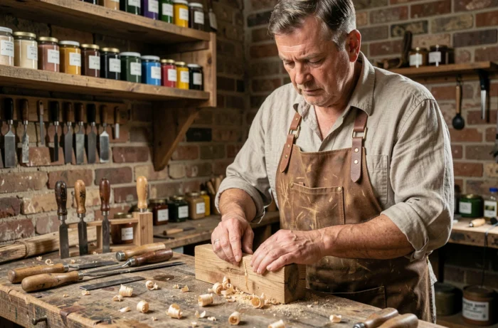 Artisan masculin concentré sculptant le bois dans un atelier rustique, illustrant la maîtrise artisanale et la discipline intérieure