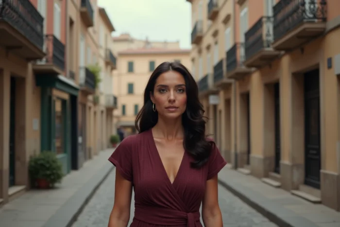 Femme élégante marchant dans une rue pavée d'une ville de province française, ambiance authentique évoquant les origines et l'histoire personnelle d'Aurore Malval