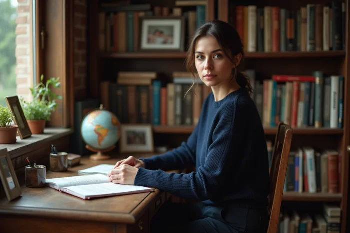Femme aux traits expressifs installée dans une bibliothèque personnelle chaleureuse, entourée de livres et photos de famille, évoquant la vie intime et les secrets personnels d'Aurore Malval