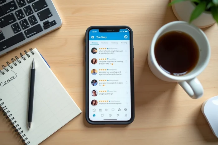 Vue de dessus d'un smartphone affichant des avis clients sur les réseaux sociaux posé sur un bureau avec un carnet de notes