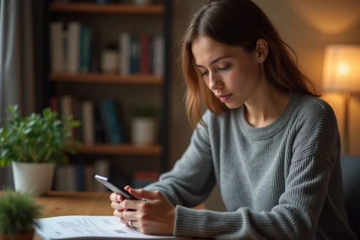 Femme consultant des avis clients sur les réseaux sociaux avec un regard sceptique sur son smartphone