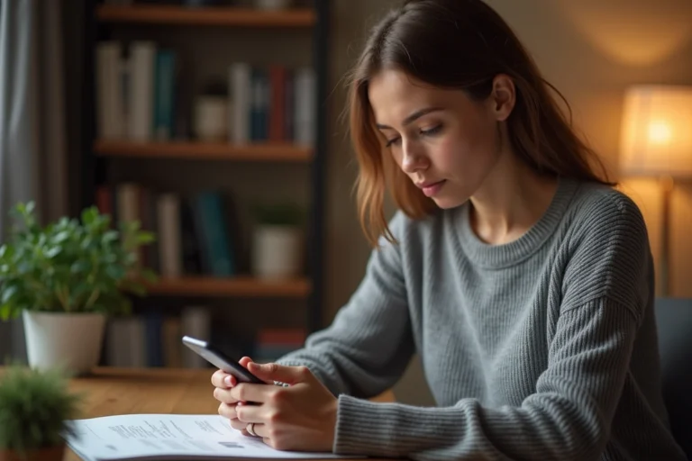 Femme consultant des avis clients sur les réseaux sociaux avec un regard sceptique sur son smartphone