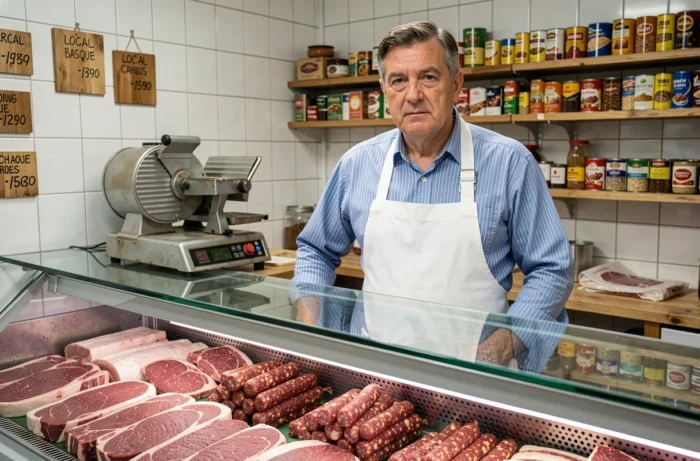 Boucher artisan basque en tablier blanc présentant ses produits de charcuterie derrière le comptoir réfrigéré à Dancharia