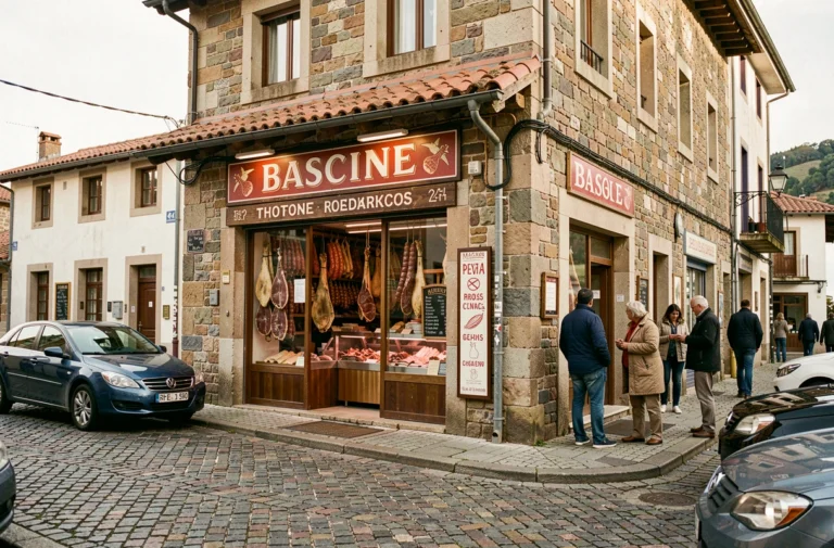 Devanture d'une boucherie traditionnelle basque à Dancharia avec saucisses séchées et charcuteries exposées en vitrine