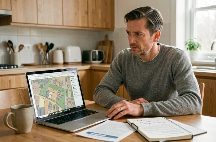 Un homme compare les prix immobiliers réels du secteur sur une carte en ligne pour calibrer son offre d'achat au plus juste