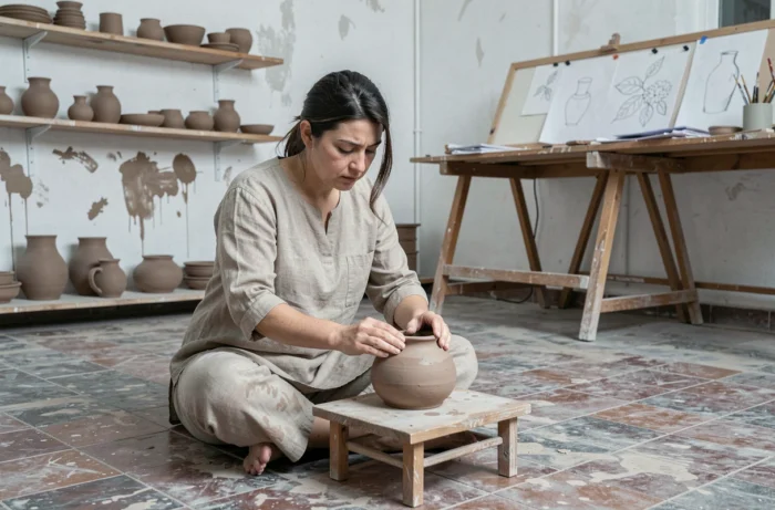 Femme artisane façonnant une céramique dans un atelier lumineux, symbolisant la patience et la guerre intérieure de la création