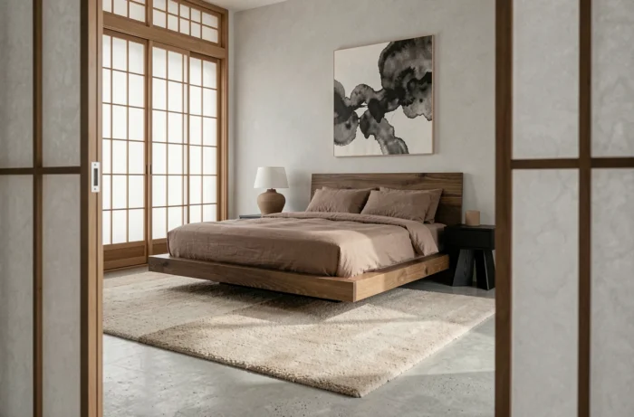Chambre principale japandi apaisante avec lit plateforme, literie en lin taupe et portes coulissantes en bois naturel, tendances décoration intérieur