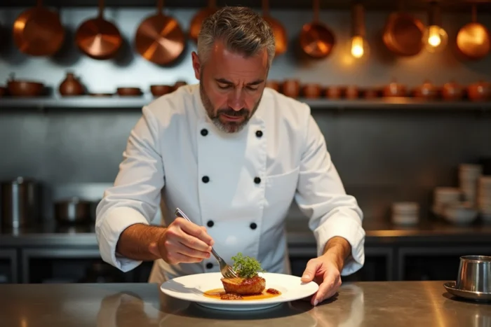Chef étoilé en train de dresser une assiette gastronomique dans une cuisine de restaurant haut de gamme