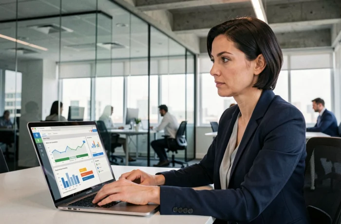 Une professionnelle en entreprise évaluant une plateforme d'apprentissage en ligne sur son ordinateur portable dans un bureau moderne