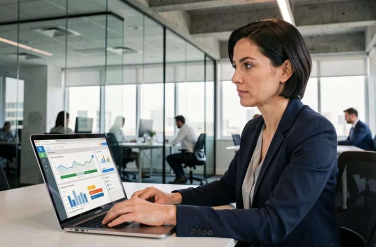 Une professionnelle en entreprise évaluant une plateforme d'apprentissage en ligne sur son ordinateur portable dans un bureau moderne
