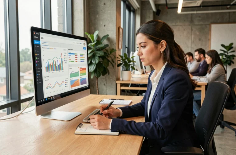 Consultante SEO analysant des données de visibilité en ligne sur un écran dans une agence de webmarketing moderne