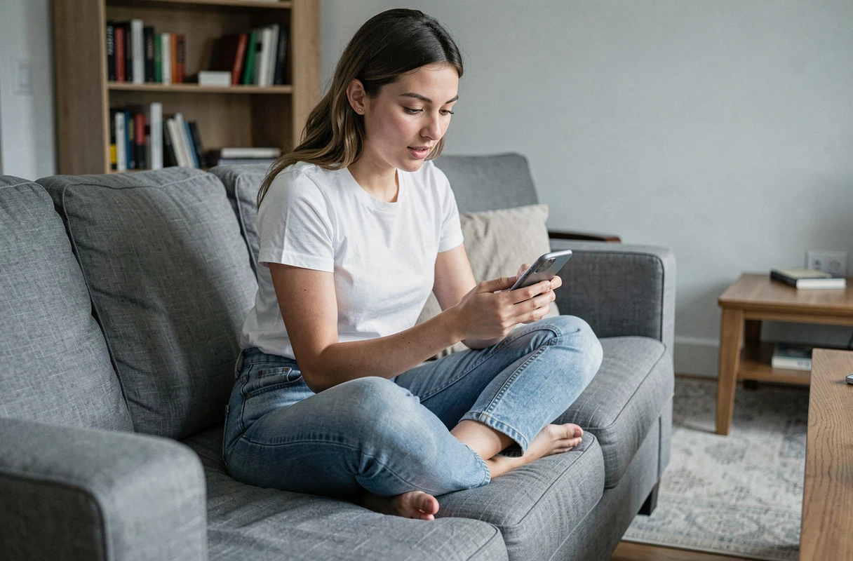 Jeune femme consultant les étapes d'installation d'une application mobile chez elle sur le canapé