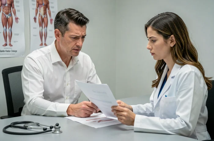 Patient discutant avec un médecin des dangers et contre-indications d'un supplément cognitif comme Synapsyl