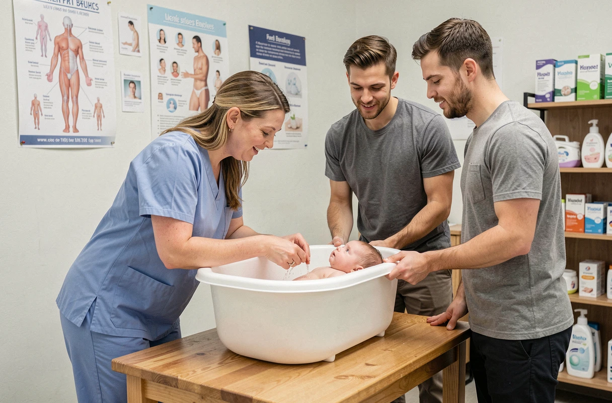 Infirmière pédiatrique expliquant les soins du bébé à de jeunes parents lors d'une consultation