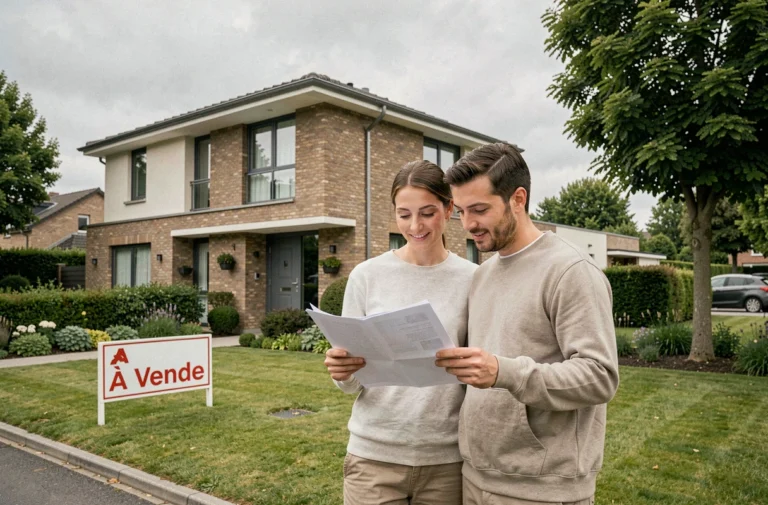 Couple devant une maison à vendre consultant des documents pour leur projet immobilier