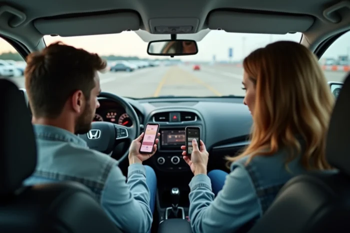 Couple comparant les offres de parking sur smartphone dans leur voiture au parking longue durée de l'aéroport de Toulouse