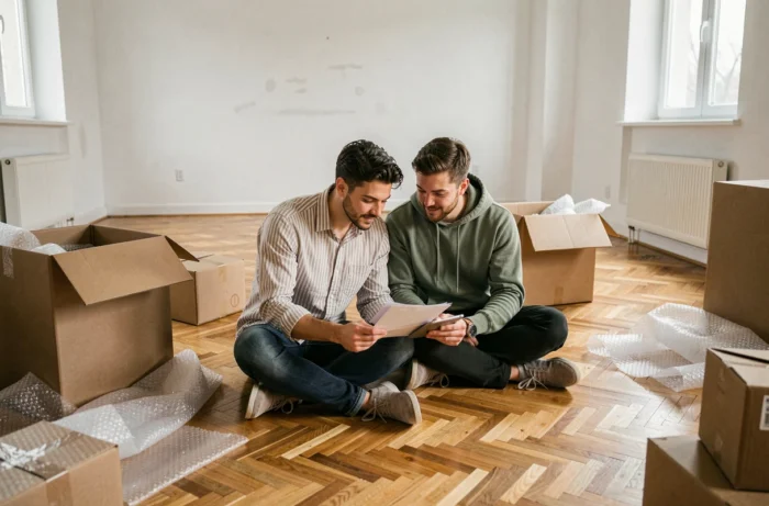 Couple consultant des documents administratifs sur une tablette assis au sol d'un appartement vide entouré de cartons de déménagement