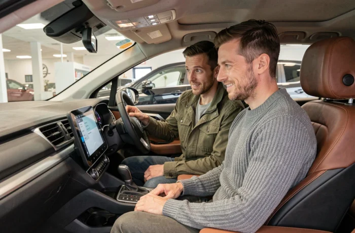 Un couple explore l'habitacle et les technologies embarquées d'un crossover lors d'un essai en concession automobile