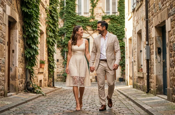 Couple marié se promenant main dans la main dans une ruelle pavée d'un village français, riant naturellement