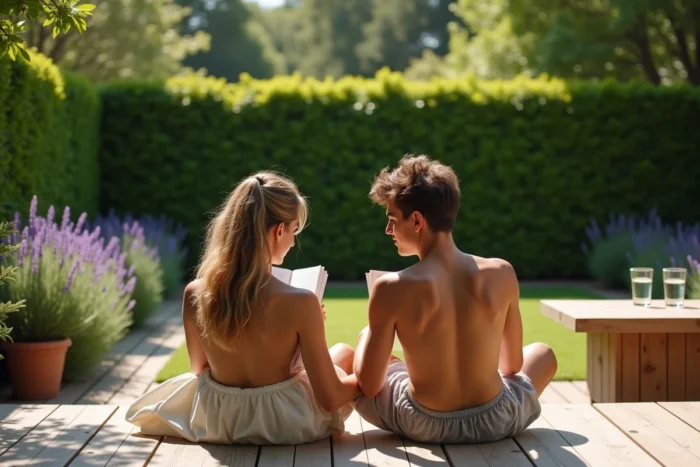 Couple profitant d'un après-midi naturiste sur une terrasse en bois entourée d'un jardin privé