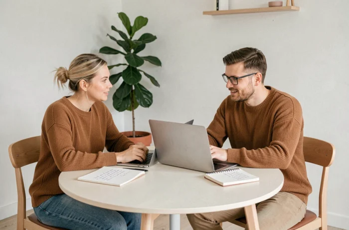 Couple de parents partageant des ressources en ligne sur un ordinateur portable autour d'une table à manger