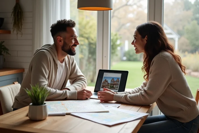 Couple planifiant un investissement immobilier diversifié autour d'une table avec brochures et ordinateur portable dans une maison moderne