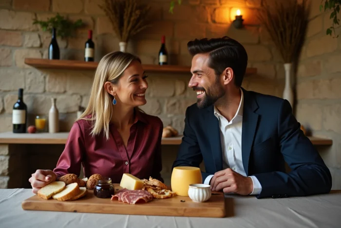 Couple savourant un plateau de fromages et charcuterie artisanaux dans une cave gastronomique en pierre