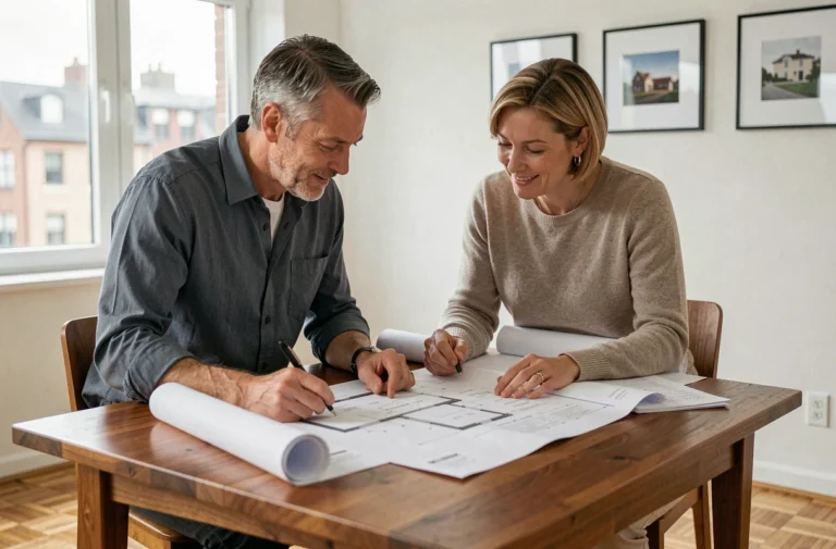 Couple de propriétaires étudiant les plans et documents de leur projet immobilier à domicile