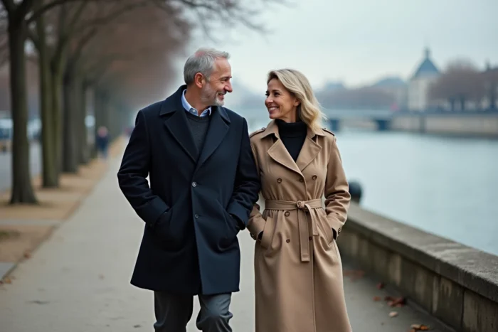 Couple élégant se promenant sur les quais de la Seine à Paris en manteau, illustrant la vie de couple et l'intimité d'une personnalité publique française