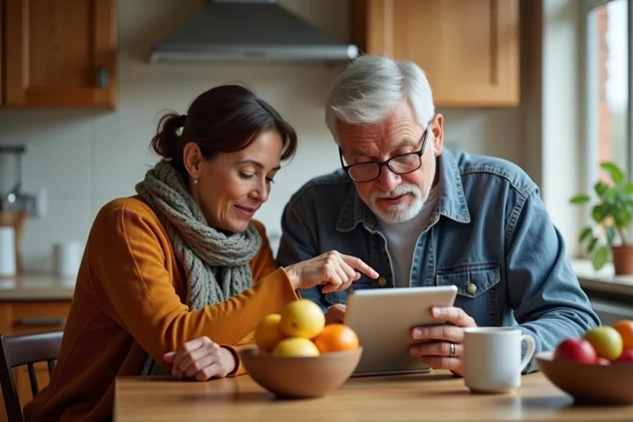 Couple senior consultant la page de récupération de compte Société Générale Particuliers sur une tablette dans leur cuisine