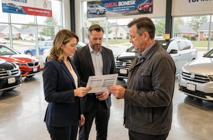 Couple discutant avec un vendeur dans un showroom de voitures d'occasion en examinant un rapport de véhicule
