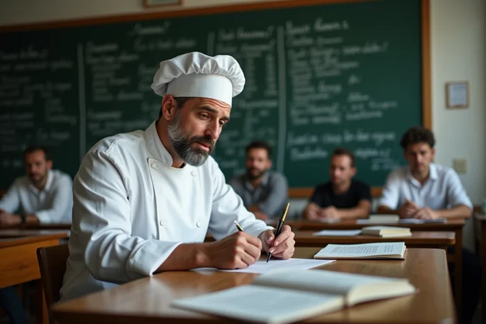 Adulte en reconversion suivant un cours théorique de CAP cuisine en alternance dans une école culinaire parisienne