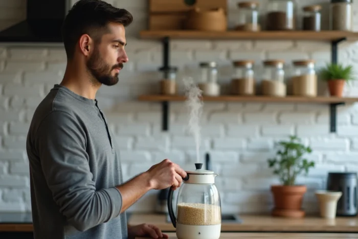 Homme appuyant sur le bouton d'une bouilloire électrique contenant du riz dans une cuisine d'appartement avec étagères et plantes aromatiques
