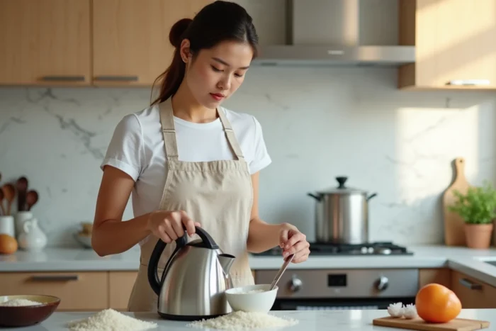 Femme versant du riz dans une bouilloire électrique en acier inoxydable sur un plan de travail en marbre dans une cuisine moderne