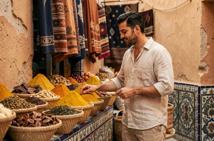 Jeune homme explorant un marché aux épices coloré dans une médina nord-africaine avec des murs en ocre et des textiles suspendus