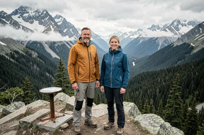 Couple de randonneurs au sommet d'un belvédère montagnard avec vue panoramique sur une vallée alpine et des sommets enneigés